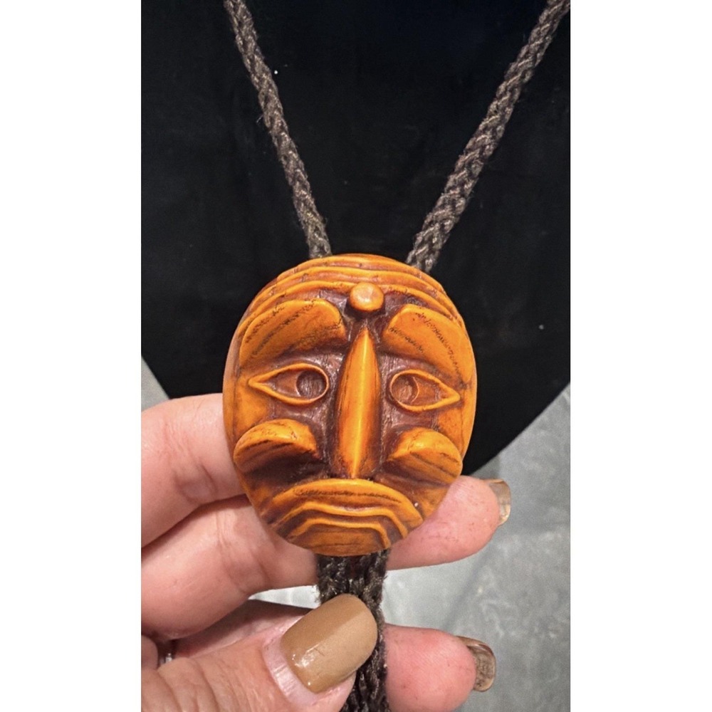 Vintage Carved Wood Face Bolo Tie Braided Cord Folk Art Mask Boho Western